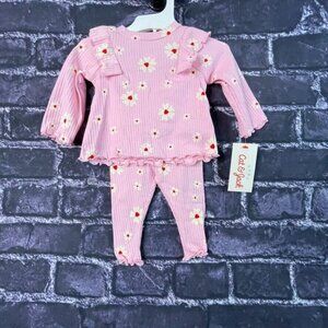 Cat & Jack Newborn Girls' Floral Ribbed Top & Bottom Set Heart Flowers Pink